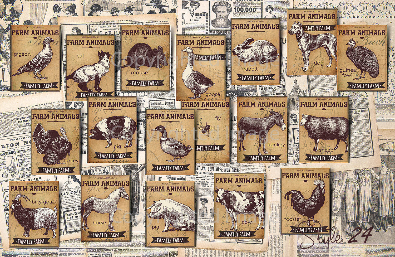 Vintage Farm animals Collection Ephemera Scrapbook Digital Collage
