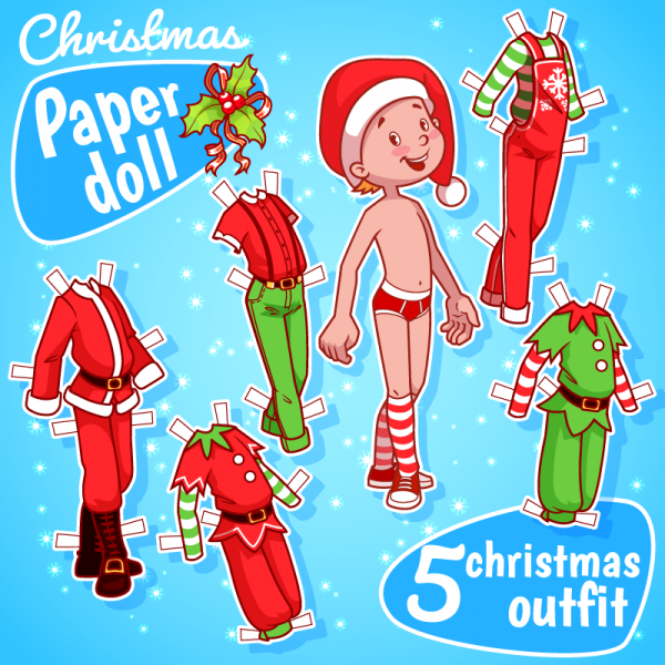 Christmas paper doll with five outfits