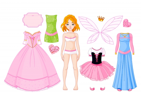 Paper Doll Girl with different princess dresses